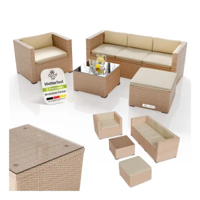 Juskys Polyrattan Lounge Punta Cana L creme, 4-5 Personen – Sessel, Sofa, Tisch & Hocker