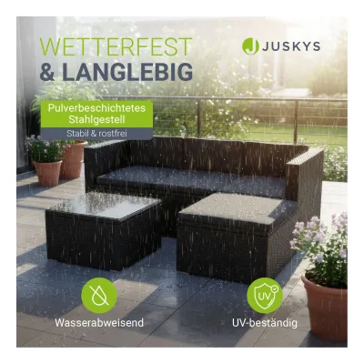 Juskys Polyrattan Lounge Punta Cana M schwarz für 3-4 Personen – Sofa, Tisch & Hocker