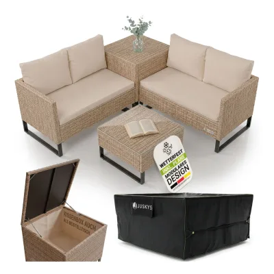 Juskys Polyrattan Lounge Santorini inkl. Abdeckung - Outdoor Sitzecke mit Beistelltisch & Auflagenbox - Creme