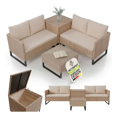 Juskys Polyrattan Lounge Santorini - Outdoor Sitzecke mit Beistelltisch & Auflagenbox - Creme