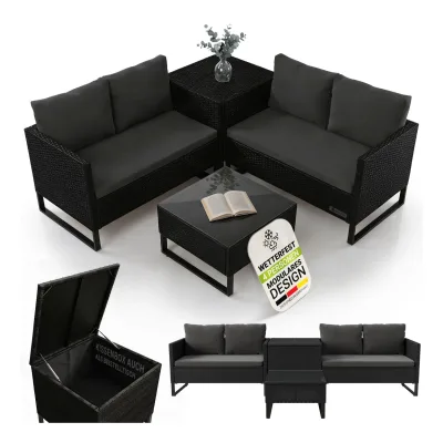 Juskys Polyrattan Lounge Santorini - Outdoor Sitzecke mit Beistelltisch & Auflagenbox - Schwarz