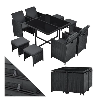 Juskys Polyrattan Sitzgruppe Baracoa L 9-teilig – Gartenmöbel wetterfest, stapelbar für Garten