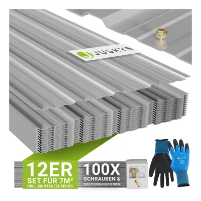 JUSKYS® Profilblech Grau - 12er Set, 129x45 cm, 0,23 mm, verzinkter Stahl, UV-beständig, hohe Tragfähigkeit, mit vorgebohrten Löchern