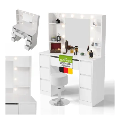 Juskys Schminktisch Malia und Hocker Tonia mit LED-Licht, Helligkeit & Farbtemperatur individuell einstellbar, viel Stauraum & Spiegel – Weiß