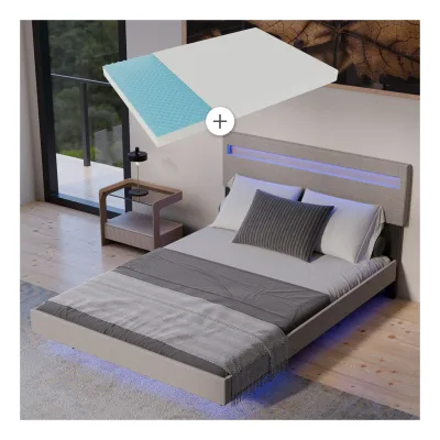 Juskys Schwebebett Lissabon 140 x 200 cm - mit Matratze, Schwebendes Design & LED-Beleuchtung - beige
