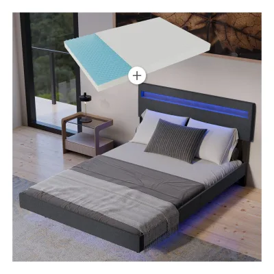 Juskys Schwebebett Lissabon 140 x 200 cm - mit Matratze, Schwebendes Design & LED-Beleuchtung - dunkelgrau