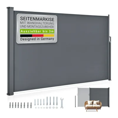 Juskys Seitenmarkise Dubai 300 x 180 cm ausziehbar blickdicht, Sichtschutz Garten, Terrasse anthrazit