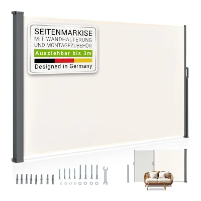 Juskys Seitenmarkise Dubai 300 x 180 cm ausziehbar blickdicht, Sichtschutz Garten, Terrasse beige
