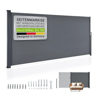 Juskys Seitenmarkise Dubai 500 x 160 cm ausziehbar blickdicht, Sichtschutz Garten, Terrasse anthrazit