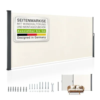 Juskys Seitenmarkise Dubai 500 x 180 cm ausziehbar blickdicht, Sichtschutz Garten, Terrasse beige