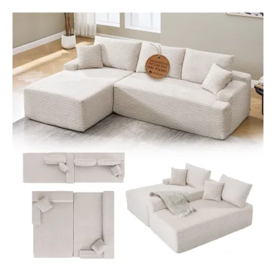 Juskys Sofa Coredo Links - Ecksofa 3 Sitzer, Couch in L Form mit Ottomane - Cord in Beige