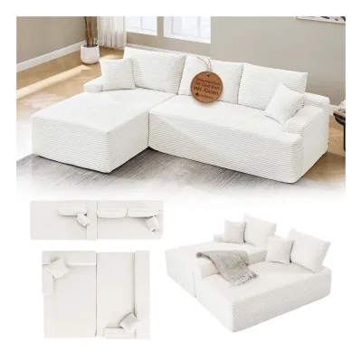 Juskys Sofa Coredo Links - Ecksofa 3 Sitzer, Couch in L Form mit Ottomane - Cord in Creme