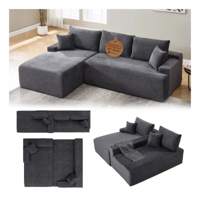 Juskys Sofa Coredo Links - Ecksofa 3 Sitzer, Couch in L Form mit Ottomane - Cord in Dunkelgrau