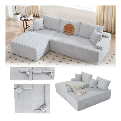 Juskys Sofa Coredo Links - Ecksofa 3 Sitzer, Couch in L Form mit Ottomane - Cord in Hellgrau