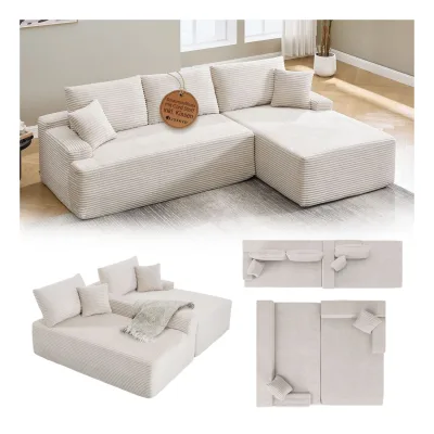 Juskys Sofa Coredo Rechts - Ecksofa 3 Sitzer, Couch in L Form mit Ottomane - Cord in Beige