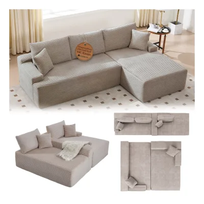 Juskys Sofa Coredo Rechts - Ecksofa 3 Sitzer, Couch in L Form mit Ottomane - Cord in Taupe