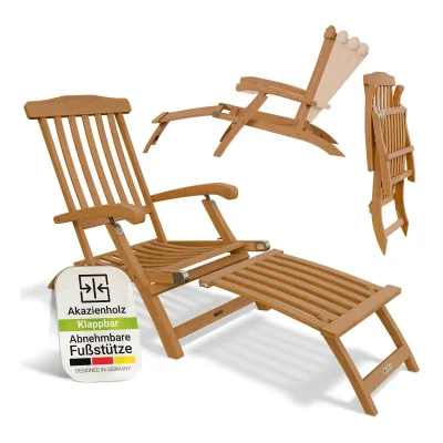 Juskys® Sonnenliege Evia - klappbar für Garten & Terrasse, geöltes Akazienholz für natürliche Optik & langlebige Nutzung, 196x54x95 cm in Natur