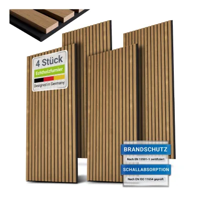Juskys Wandpaneele Akustik 4er Set 2,88 qm - Holzoptik & reduziert Hall und Lärm - Eiche Natur Dunkel