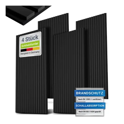 Juskys Wandpaneele Akustik 4er Set 2,88 qm - Holzoptik & reduziert Hall und Lärm - Schwarz