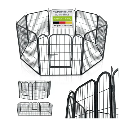 Juskys Welpenauslauf Plus 160x160x80 cm, 8-teilig aus Metall mit Tür für Hunde, Hasen & Kleintiere