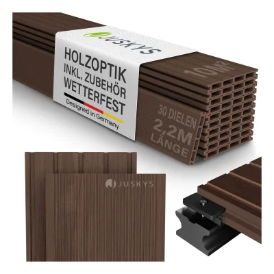 Juskys WPC Terrassendielen 10 m² – 220 cm Dielen, wetterfest inkl. Unterkonstruktion – Braun