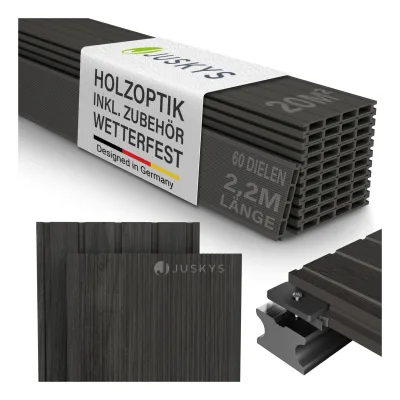 Juskys WPC Terrassendielen 20 m² – 220 cm Dielen, wetterfest inkl. Unterkonstruktion – Grau