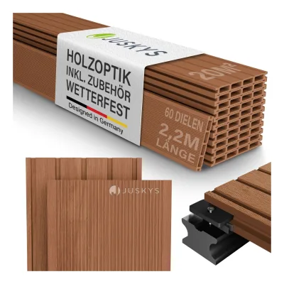 Juskys WPC Terrassendielen 20 m² – 220 cm Dielen, wetterfest inkl. Unterkonstruktion – Teak