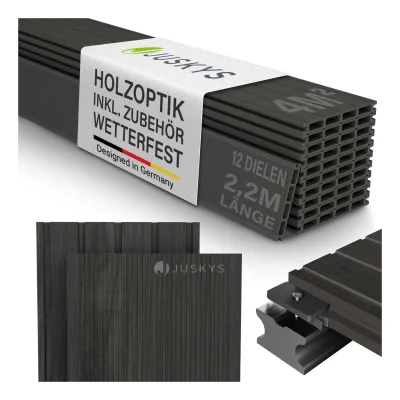 Juskys WPC Terrassendielen 4 m² – 220 cm Dielen, wetterfest inkl. Unterkonstruktion – Grau