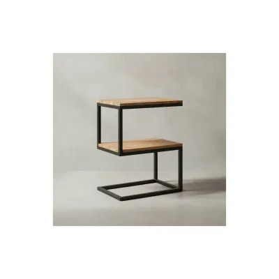 KADIMA DESIGN Beistelltisch Massivholz INDI: S-Design, Schwarz/Metallgestell, 2 Ablageflächen
