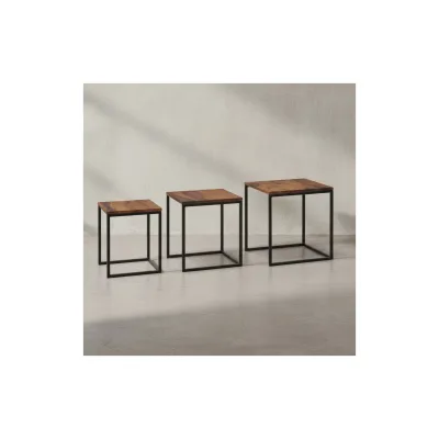 KADIMA DESIGN Beistelltisch-Set aus Sheesham Massivholz und Metall, 3 Größen, Stilvolles Trio
