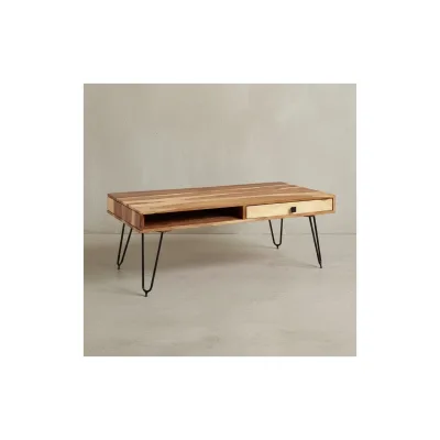 KADIMA DESIGN Couchtisch BALU mit Schubfächern: 110 cm breit, Akazien-Massivholz, Metallfüße, leichter Aufbau