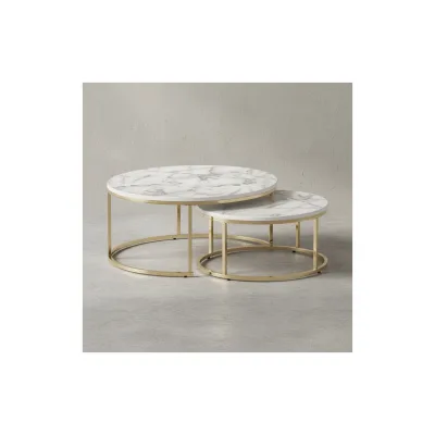 KADIMA DESIGN Couchtisch-Set mit Marmor-Optik, Metallgestell, 80x80x36 cm & 60x60x26 cm, ineinanderschiebbar.