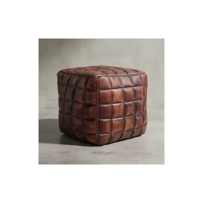 KADIMA DESIGN Echtleder Sitzhocker, abgesteppte Quadrate, Braun, Used-Look, 41x39x39 cm.