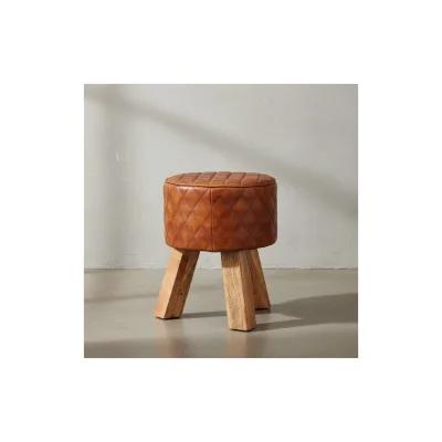 KADIMA DESIGN Extravaganter Sitzhocker mit Rautenmuster, Holz und Leder, 46 cm Höhe, Braun