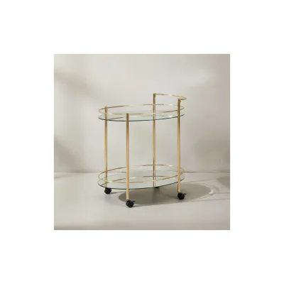 KADIMA DESIGN Goldener Servierwagen, Retro-Charme, 2 Glasplatten, rollbar, stabile Stahlkonstruktion, leicht zu reinigen.