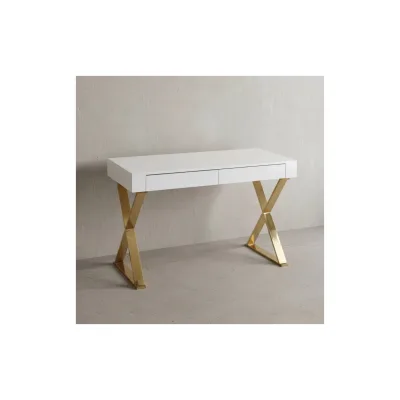 KADIMA DESIGN Hochglanz-Weißer Schreibtisch, Goldene Beine, Modern, 2 Schubladen
