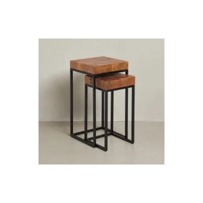 KADIMA DESIGN Industrial Beistelltisch Set, Sheesham Holz und Metall, 2 Größen, Handgefertigt.