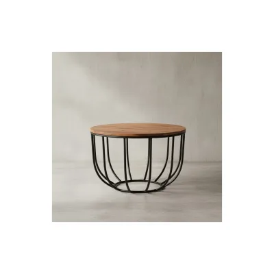 KADIMA DESIGN Industrial Couchtisch aus Sheesham Massivholz, Rustikaler Stil, Metallgestell, Korbdesign.
