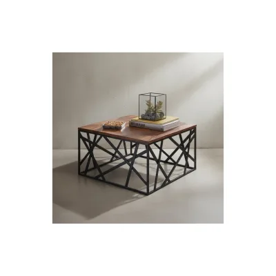KADIMA DESIGN Industrial-Stil Couchtisch, Sheesham Holz, 60x60 cm, Schwarzes Metallgestell
