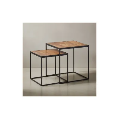 KADIMA DESIGN Mango Industrial: Beistelltische 2er Set, Massivholz, Metall, Unikate