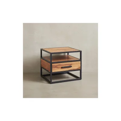 KADIMA DESIGN Massiver Sheesham-Holz Nachttisch, Stilvolle Industrie-Optik, Stauraum, robustes Stahlgestell.
