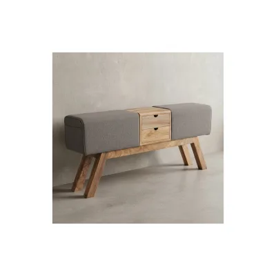 KADIMA DESIGN Retro-Sitzbank mit Schubladen: Massivholz, Stoffbezug, 120x56x30 cm, 2 Schubladen, Seitentasche.