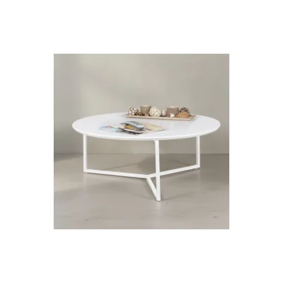 KADIMA DESIGN Runder Couchtisch aus weißem MDF-Holz, Metall-Beingestell, Ø 80 cm, Höhe 33 cm.