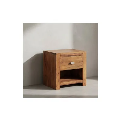 KADIMA DESIGN Rustikale Landhaus-Nachtkonsole aus massivem Sheesham-Holz, mit Ablagefläche und Schublade, eleganter chromfarbener Griff