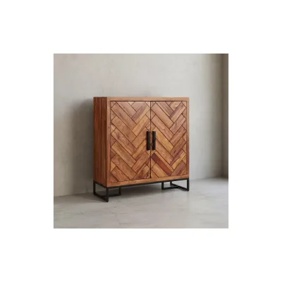 KADIMA DESIGN Schuhschrank Sheesham, 100x105x40 cm, Fischgrätmuster, große Ablage