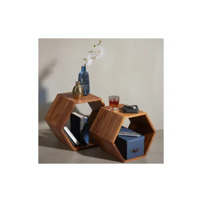 KADIMA DESIGN Sheesham Massivholz Satztisch 2er Set in Wabenform, Braunton, handgefertigt