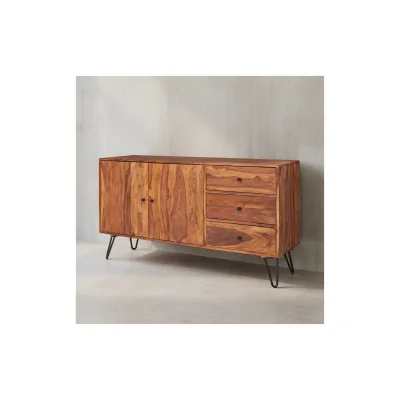 KADIMA DESIGN Sheesham Sideboard, 145x75x40 cm, Landhausstil, 3 Schubladen & 2 Türen, Haarnadelbeine