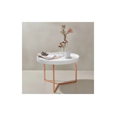 KADIMA DESIGN Sofatisch LIA Rund: Retro Stil, Metallgestell, abnehmbares Tablett, Anti-Rutsch-Noppen, Kupfer/Weiß.