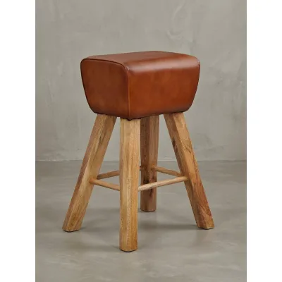 KADIMA DESIGN Sportlicher Turnbock-Barhocker, Ziegenleder und Mango Massivholz, 43x75x43 cm, dunkelbraun.