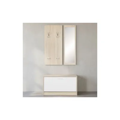 KADIMA DESIGN Wandgarderobe DELFT mit Spiegel: Weiß, Platz für 8 Paar Schuhe, 10 Metallhaken, Melaminharzbeschichtung